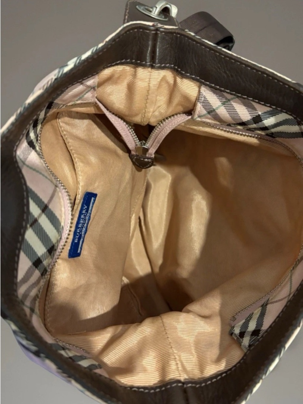 Vintage Burberry Blue Label Pink Nova Check Canvas Brown Leather Crossbody Bag - Picture 14 of 16